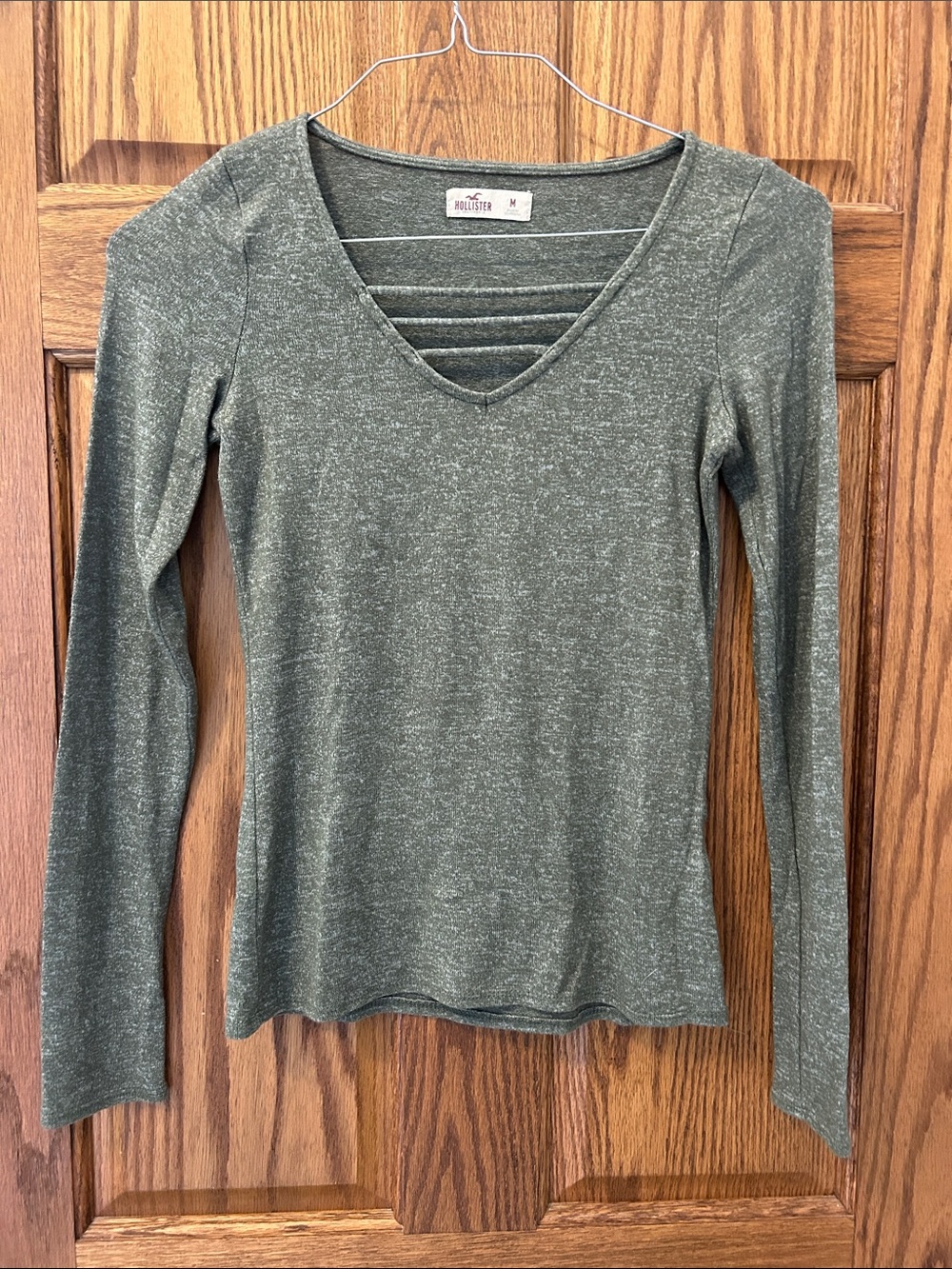 Hollister Olive Green Long Sleeve V-Neck Top with Strappy Back